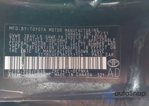 2011 Toyota Corolla Le z USA, uszkodzony, nr VIN 2T1BU4EE3BC651124